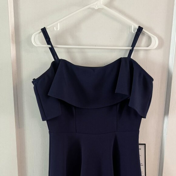 B. Darlin Juniors' Navy Ruffled Off-The-Shoulder Dress - Picture 1 of 5